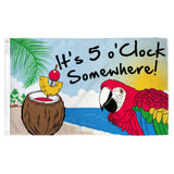 Decorative flag with a parrot, coconut, and text 'It's 5 o'clock Somewhere!' on a beach background.