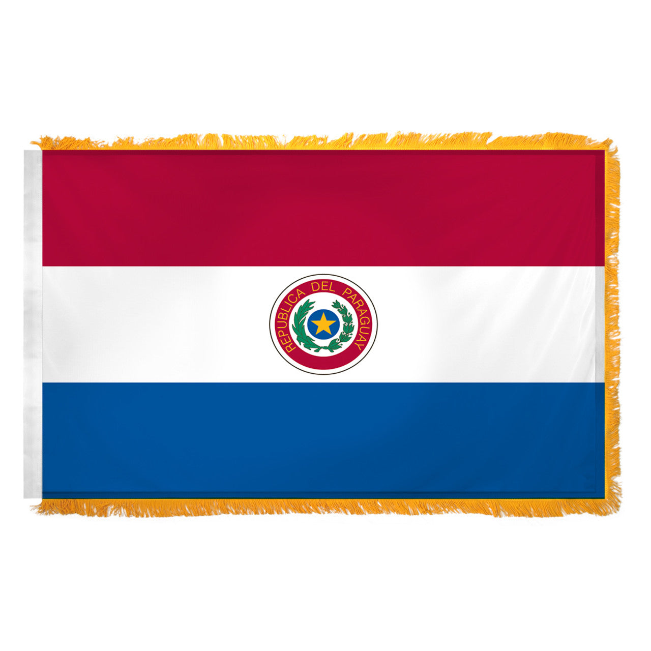 A Paraguay flag with horizontal stripes of red and white, and a blue lower section, featuring emblem.  Flag has yellow fringe.