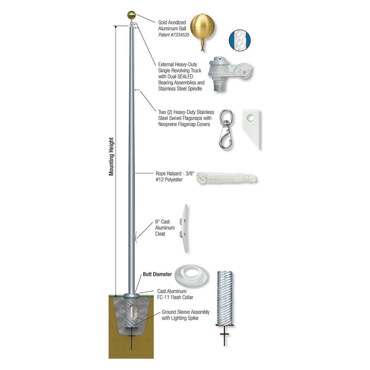 Xtreme External Single Revolving Series 70ft 3 Sections Commercial Flagpole - .375in Wall Thickness - 12in Butt Diameter