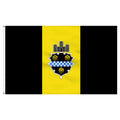 Pittsburg city flag with black and yellow stripes and a central emblem featuring castles and a checkered pattern.
