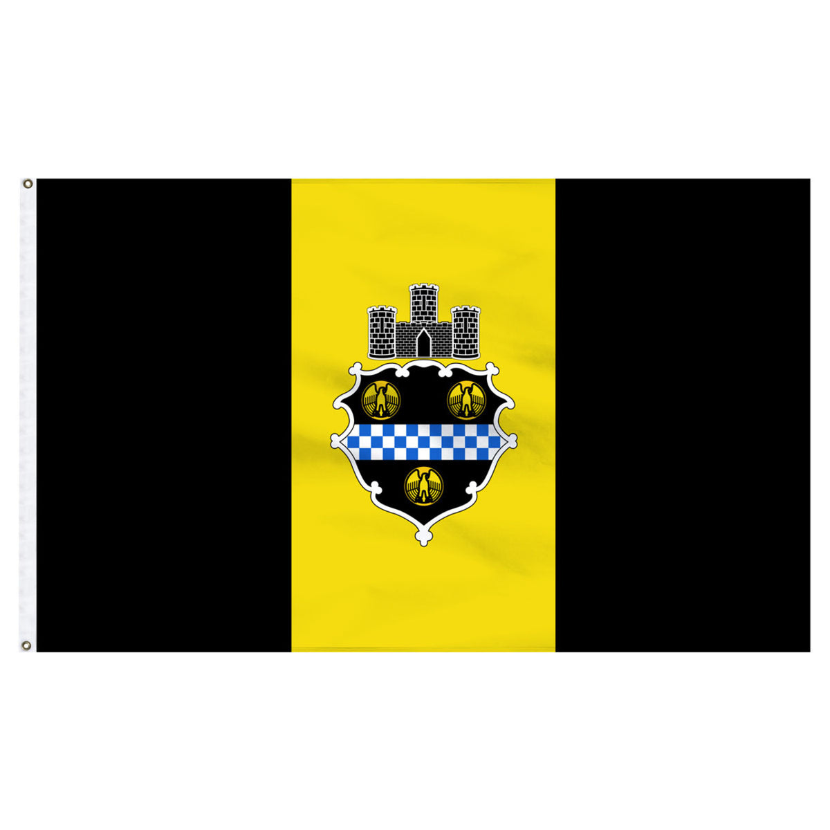 Pittsburg city flag with black and yellow stripes and a central emblem featuring castles and a checkered pattern.