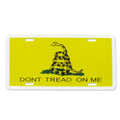 License plate with Gadsden flag design and 'Don't Tread on Me' text on a yellow background