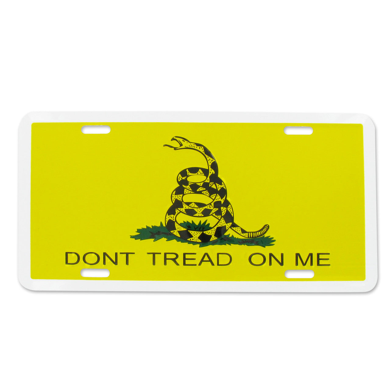 License plate with Gadsden flag design and 'Don't Tread on Me' text on a yellow background