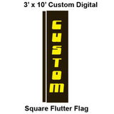 A custom digital square flutter flag with the word 'CUSTOM' displayed in large yellow letters against a black background, designed to be seen from a distance.