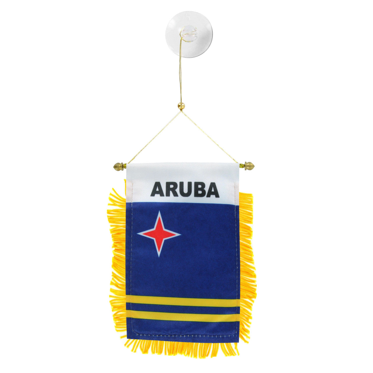 Hanging Aruba flag with star emblem on a white background