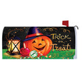 Halloween-themed mailbox cover with pumpkin, candy, and lantern on a black background.