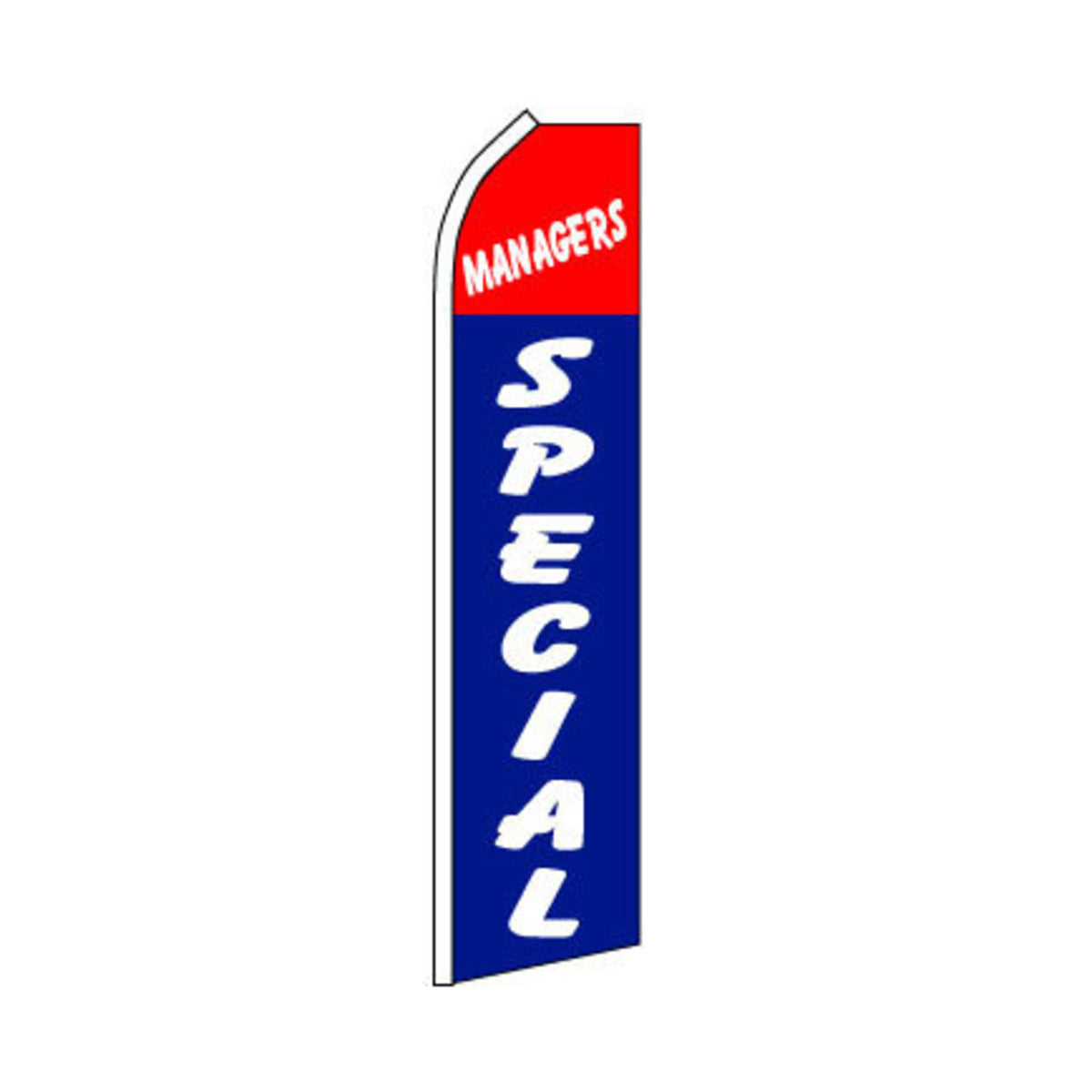 Swooper flag with 'Managers Special' text on a white background