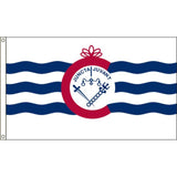 Cincinnati flag with a central emblem and wavy blue and white design on a white background