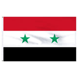 Flag of Syria with red, white, and black horizontal stripes and green stars on a white background