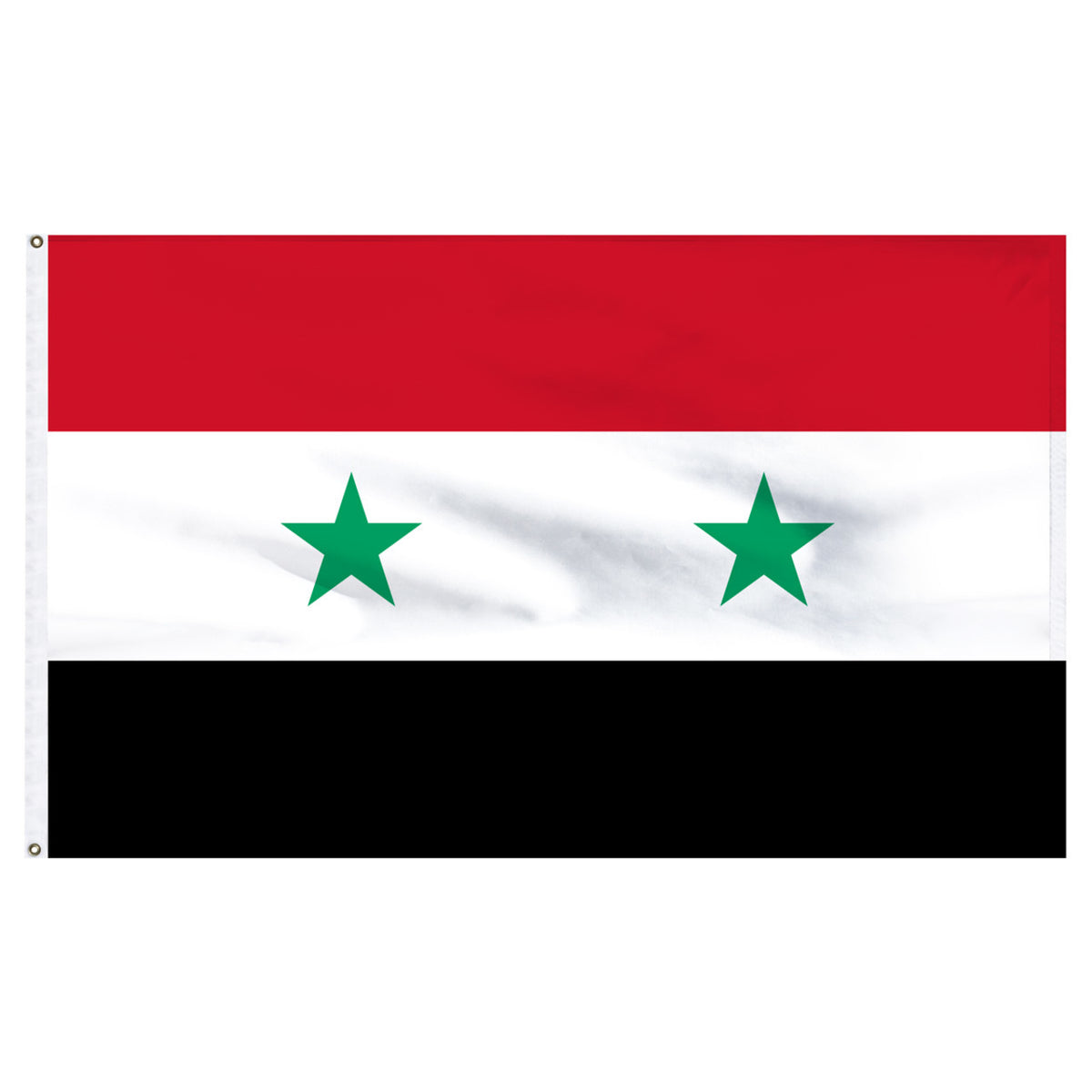 Flag of Syria with red, white, and black horizontal stripes and green stars on a white background