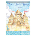 Illustration of a sandcastle with 'Home Sweet Home' text on a blue background
