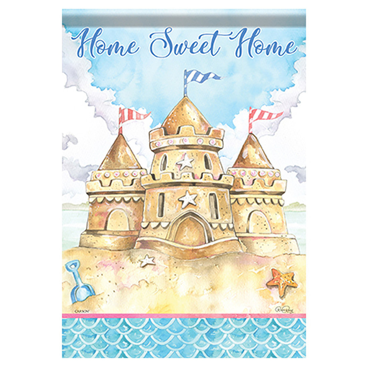 Illustration of a sandcastle with 'Home Sweet Home' text on a blue background