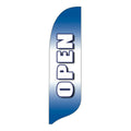 Blue feather flag with 'OPEN' text on a white background