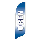 Blue feather flag with 'OPEN' text on a white background