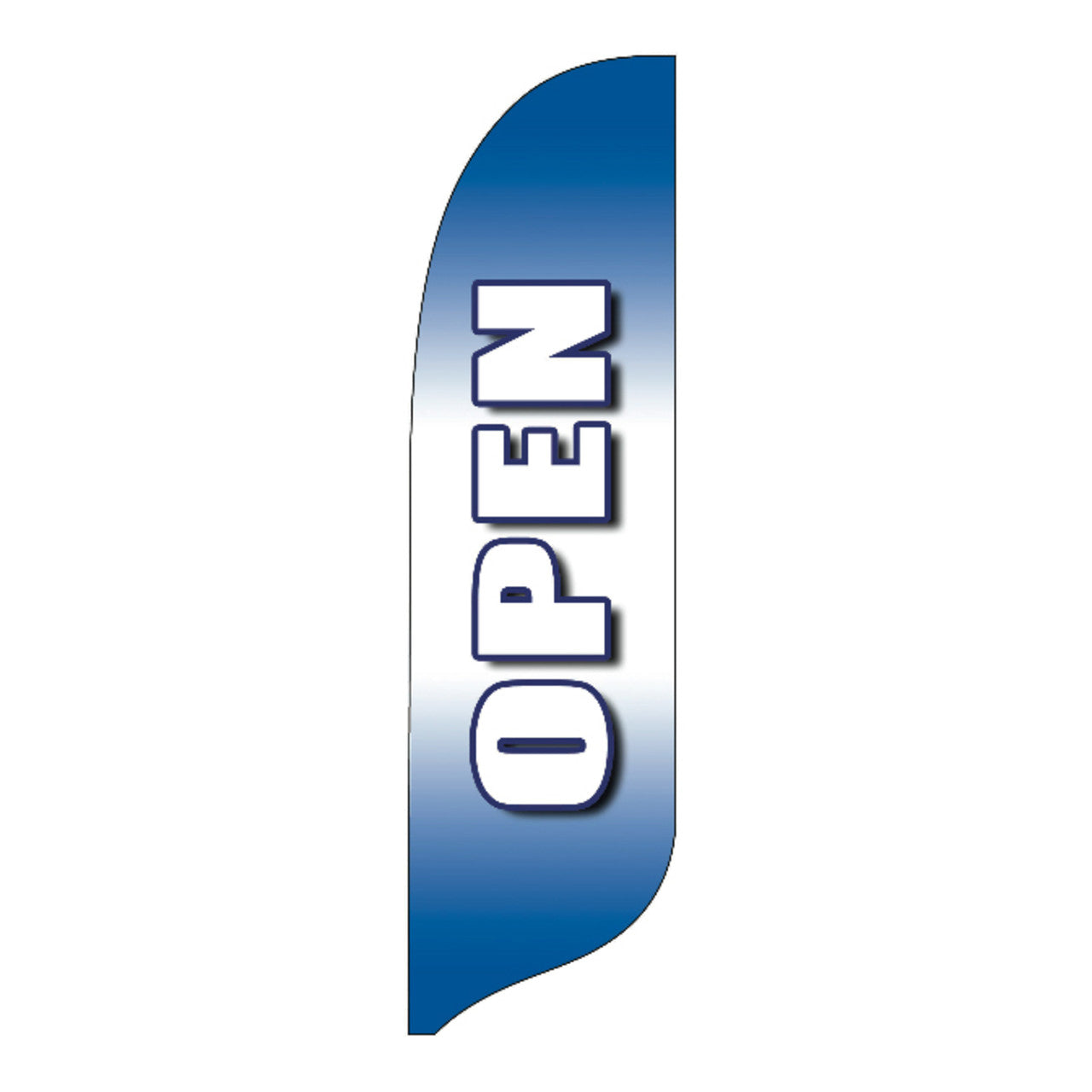 Blue feather flag with 'OPEN' text on a white background