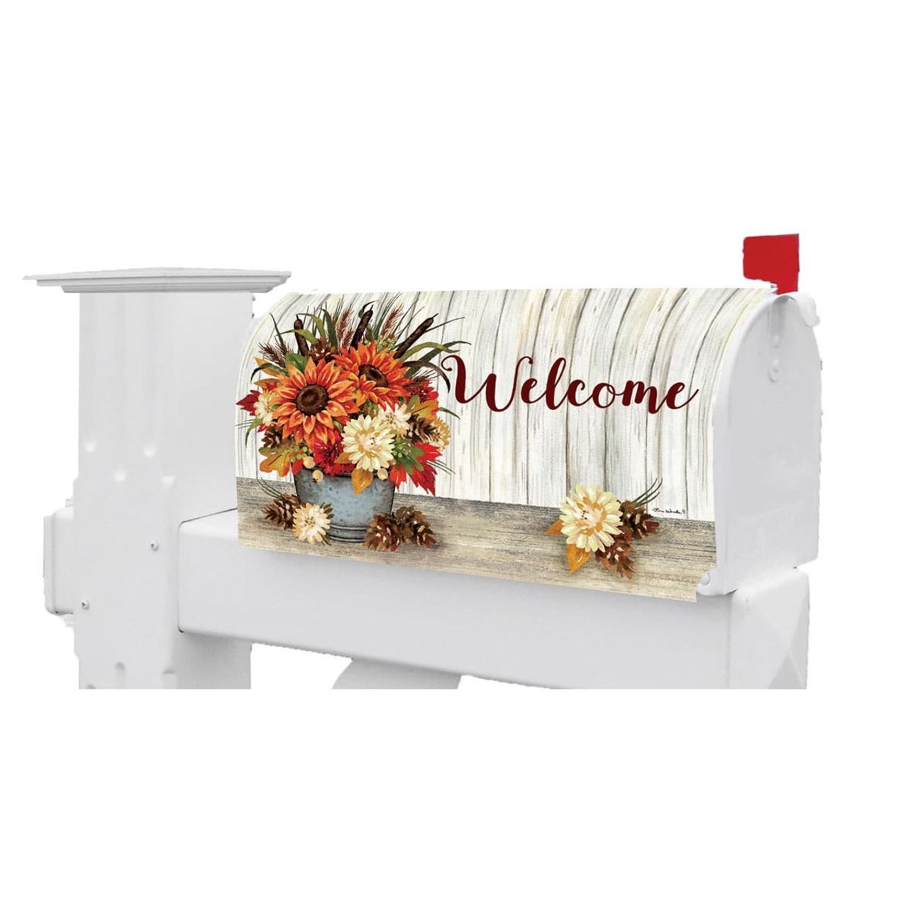 White mailbox with a decorative cover featuring autumn flowers and the word 'Welcome'.