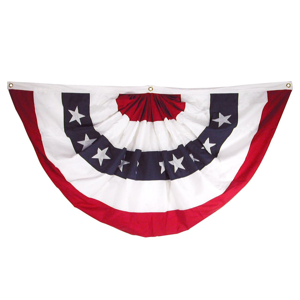 American flag-themed decorative bunting with red, white, and blue colors on a white background.