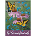 Decorative flag with butterflies and flowers and 'Welcome friends' text.