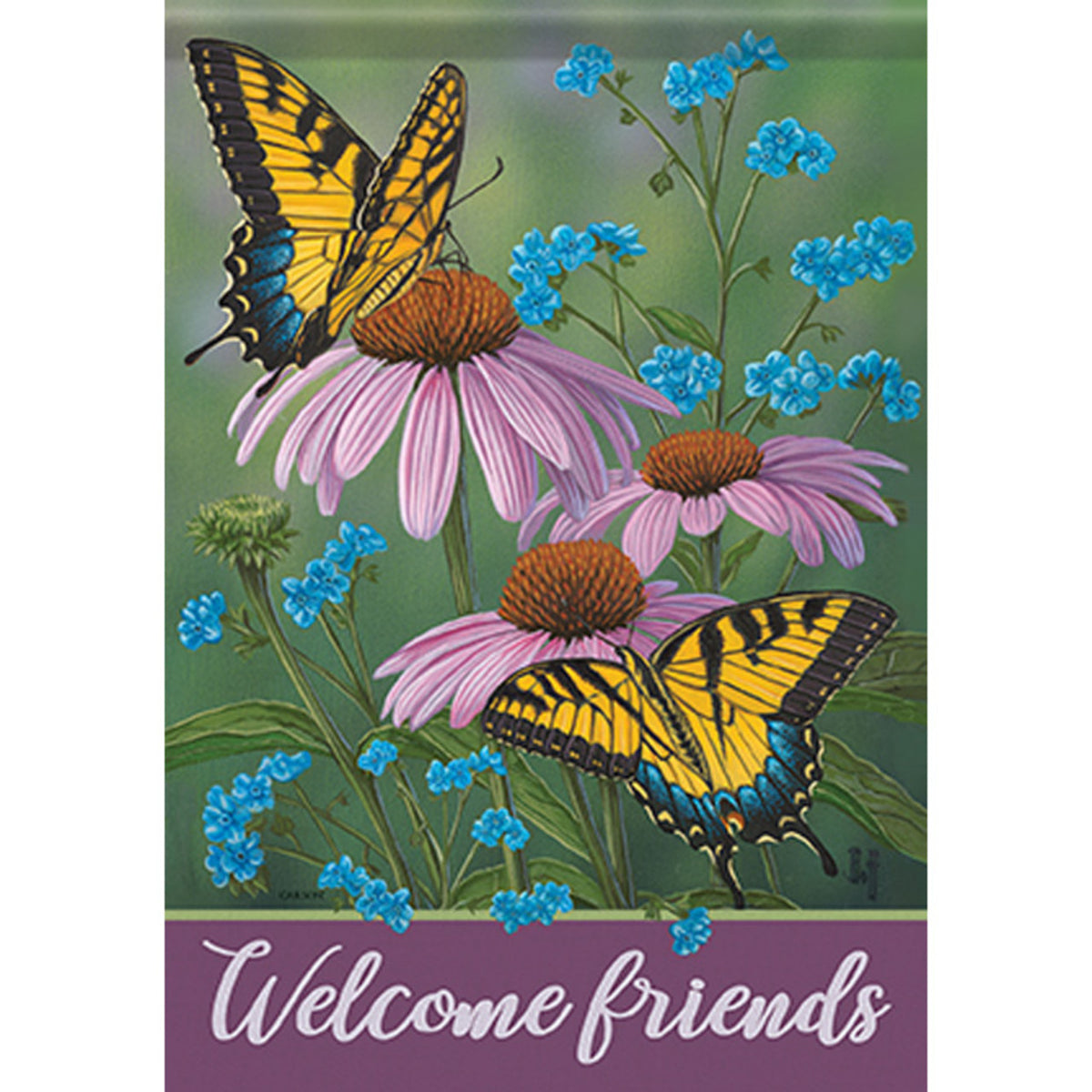 Decorative flag with butterflies and flowers and 'Welcome friends' text.