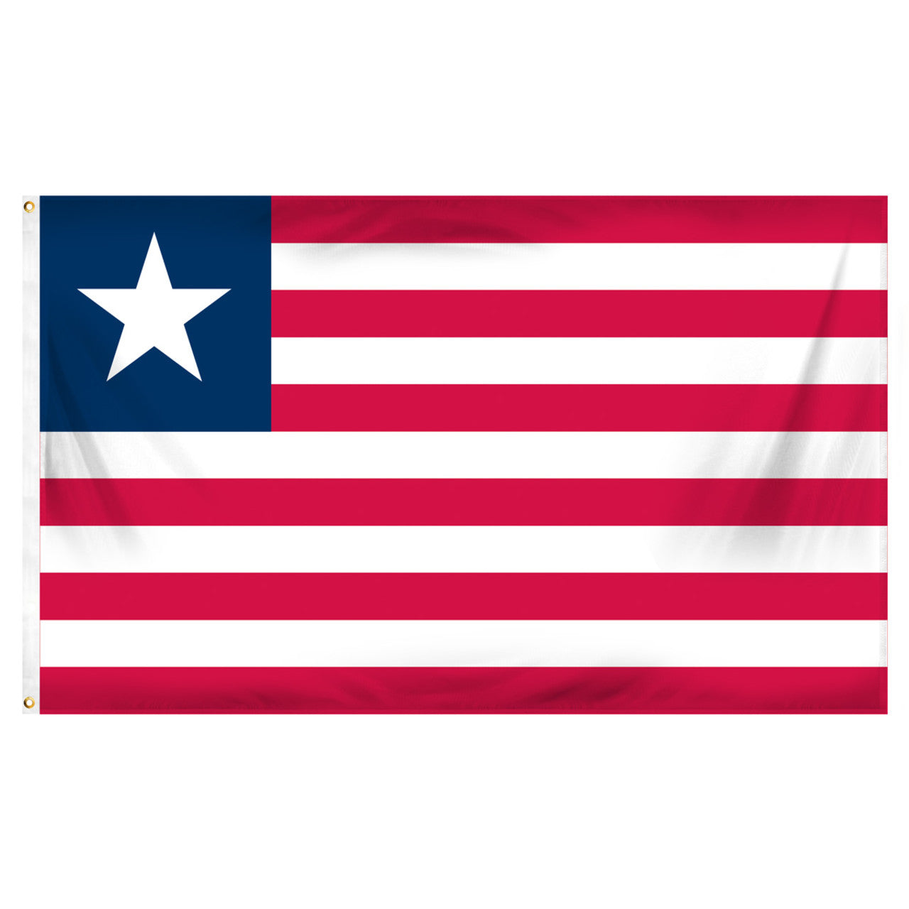 Flag of Liberia with blue square and white star and 6 red stripes and 5 white stripes.