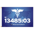 Flag with ISO 13485:2003 registration details on a blue background