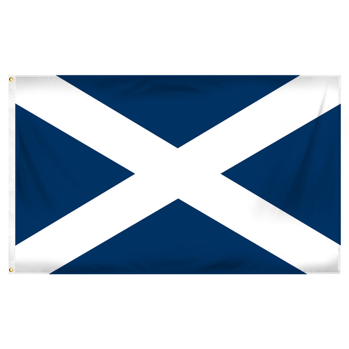 Flag of Scotland with two horizontal diagonal lines forming white cross known as St. Andrew's cross on a blue background
