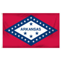 State of Arkansas flag with red background and a large horizontal diamonded outlined in blue with white stars and a white center with four blue stars and "Arkansas" text.