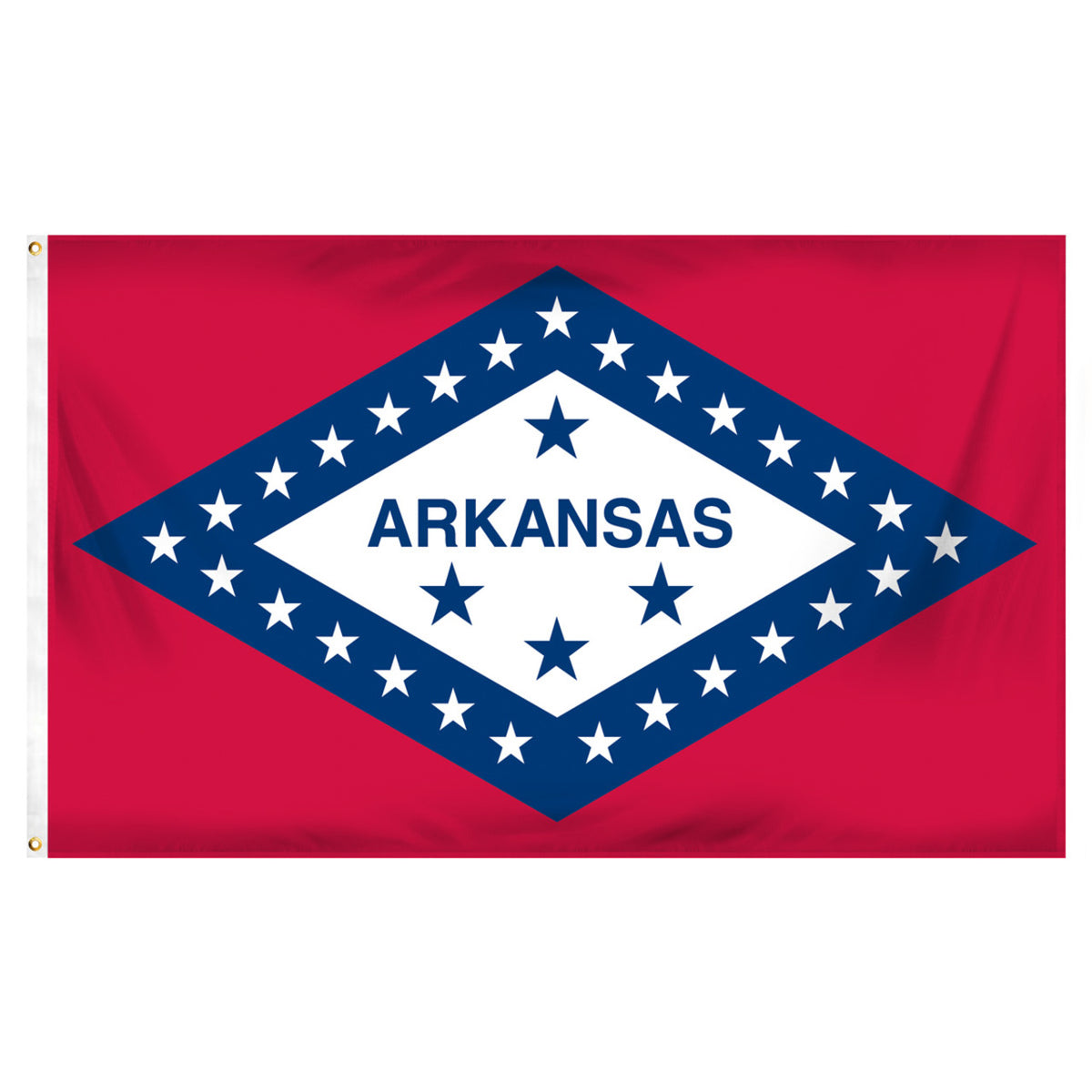State of Arkansas flag with red background and a large horizontal diamonded outlined in blue with white stars and a white center with four blue stars and "Arkansas" text.