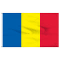 A Romania flag featuring vertical stripes in blue, yellow, and red.