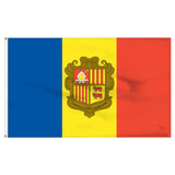 Andorran flag with blue, yellow, and red sections featuring a central coat of arms.