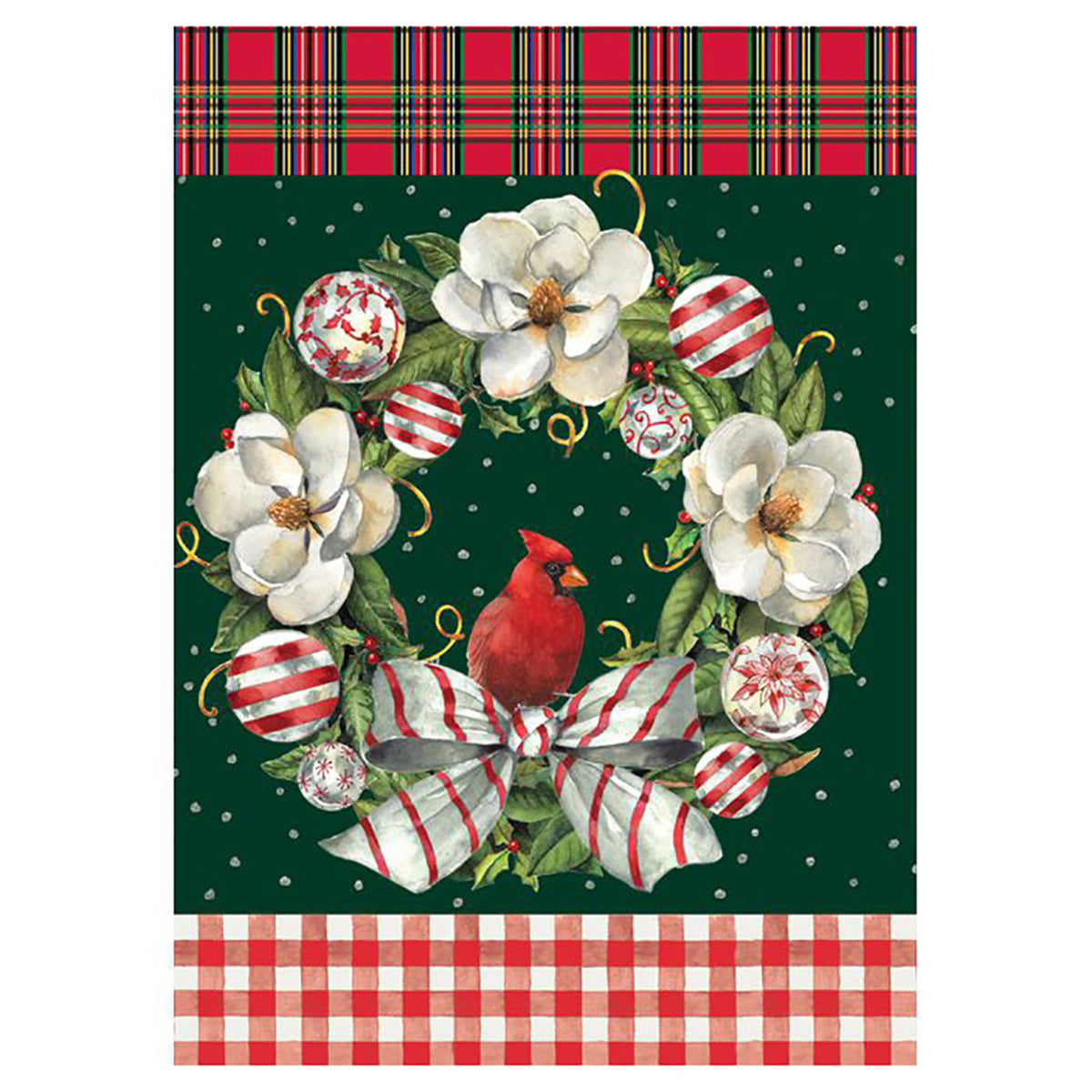 Christmas-themed decorative flag with a cardinal, wreath, and plaid border on a green background.