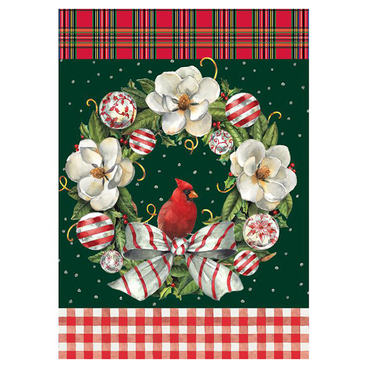 Christmas-themed decorative flag with a cardinal, wreath, and plaid border on a green background.