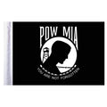 Black motorcycle flag with POW MIA emblem featuring a silhouette of a person and a tower.