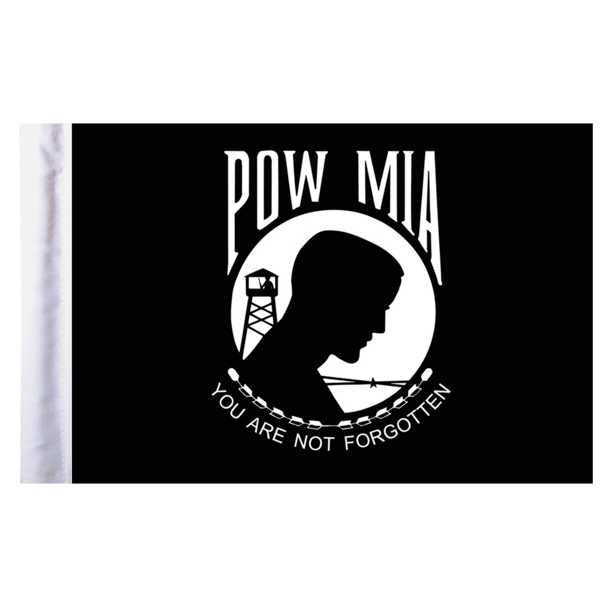 Black motorcycle flag with POW MIA emblem featuring a silhouette of a person and a tower.