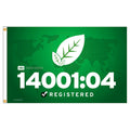 Green banner with ISO 14001:04 certification logo and text on a white background