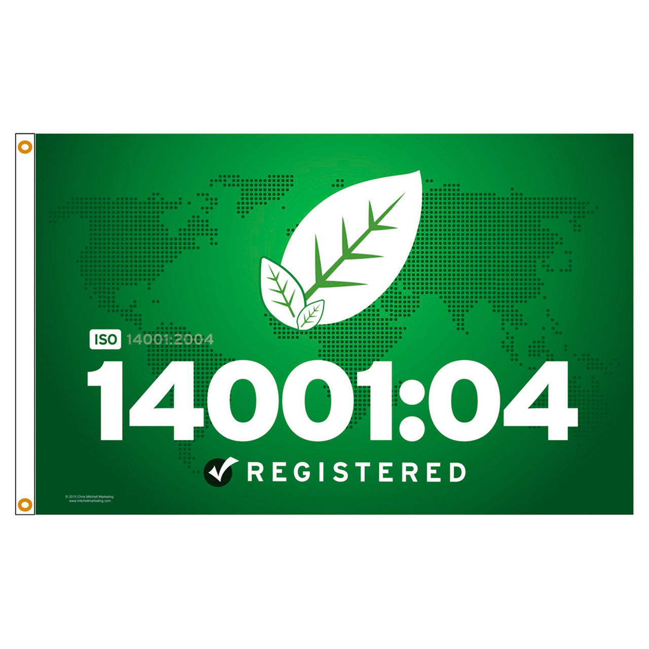 Green banner with ISO 14001:04 certification logo and text on a white background