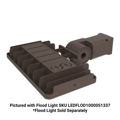 Brown light fixture on a white background with text indicating flood light SKU and availability.