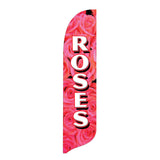 Swooper flag with pink roses and the word 'ROSES' on a white background