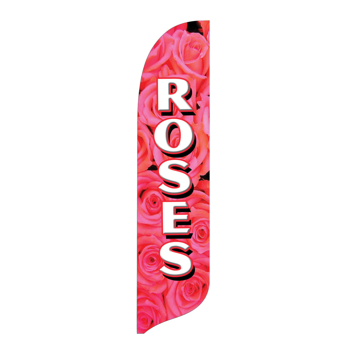 Swooper flag with pink roses and the word 'ROSES' on a white background