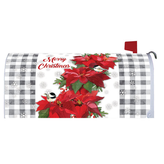 Christmas-themed mailbox cover with red poinsettias and black and white checkered pattern