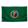 State of Washington flag featuring the distinctive full-color state seal and 'The Seal of the State of Washington 1889' text on a solid dark green field