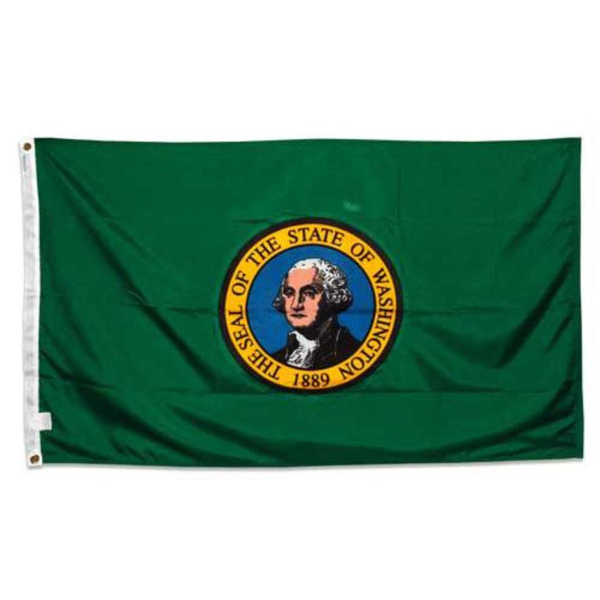 State of Washington flag featuring the distinctive full-color state seal and 'The Seal of the State of Washington 1889' text on a solid dark green field