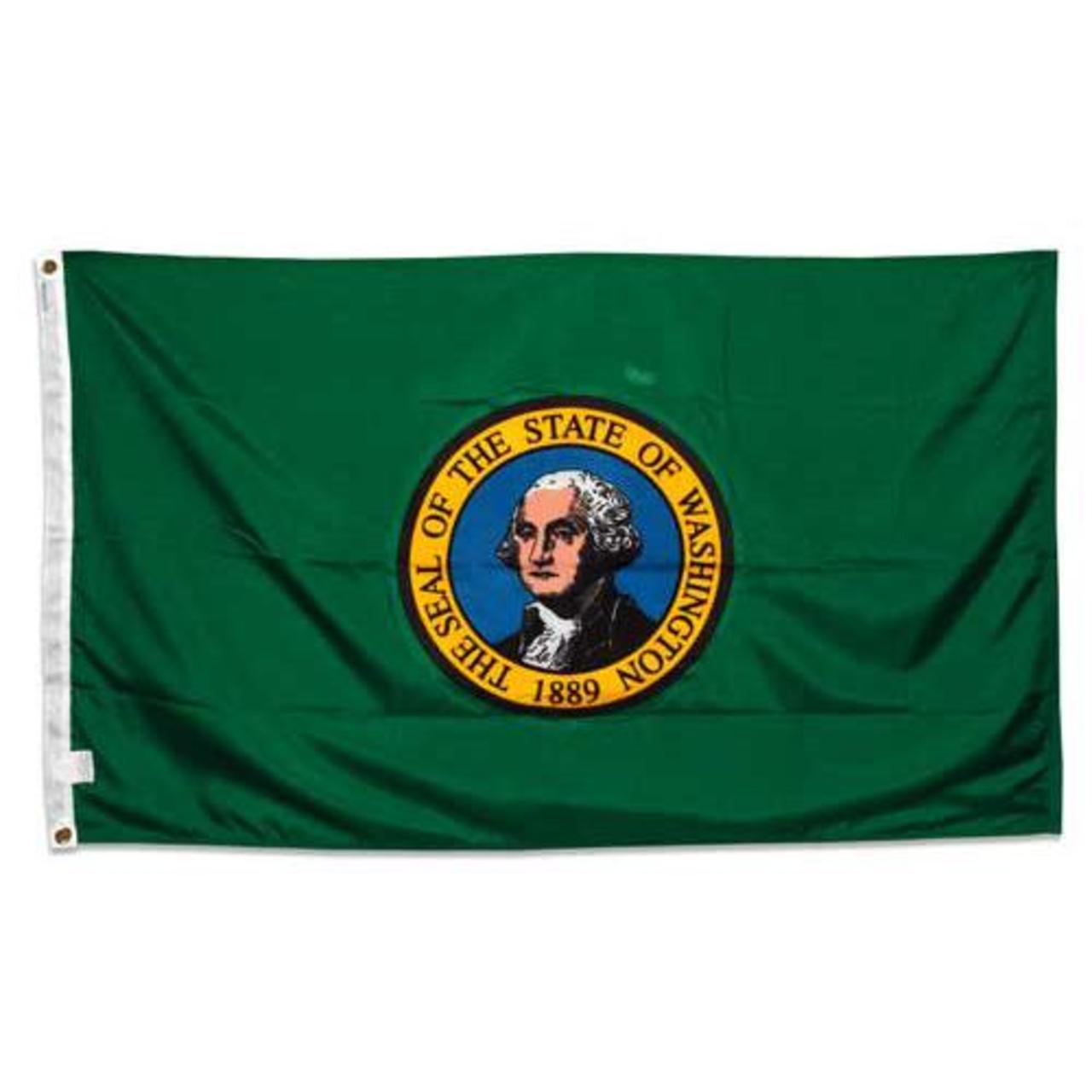 State of Washington flag featuring the distinctive full-color state seal and 'The Seal of the State of Washington 1889' text on a solid dark green field