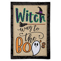 Halloween-themed decorative flag with text and graphics on a burlap background