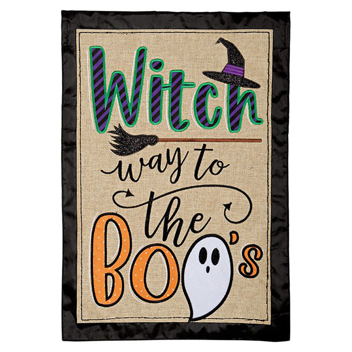 Halloween-themed decorative flag with text and graphics on a burlap background