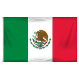 Flag of Mexico with green, white, and red colors and a central coat of arms featuring a bird.