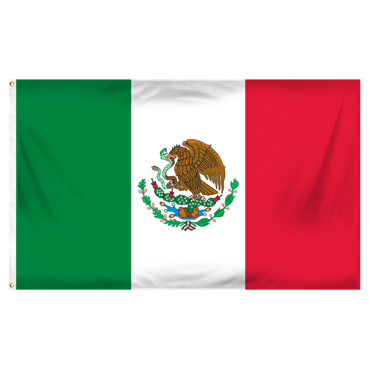 Flag of Mexico with green, white, and red colors and a central coat of arms featuring a bird.
