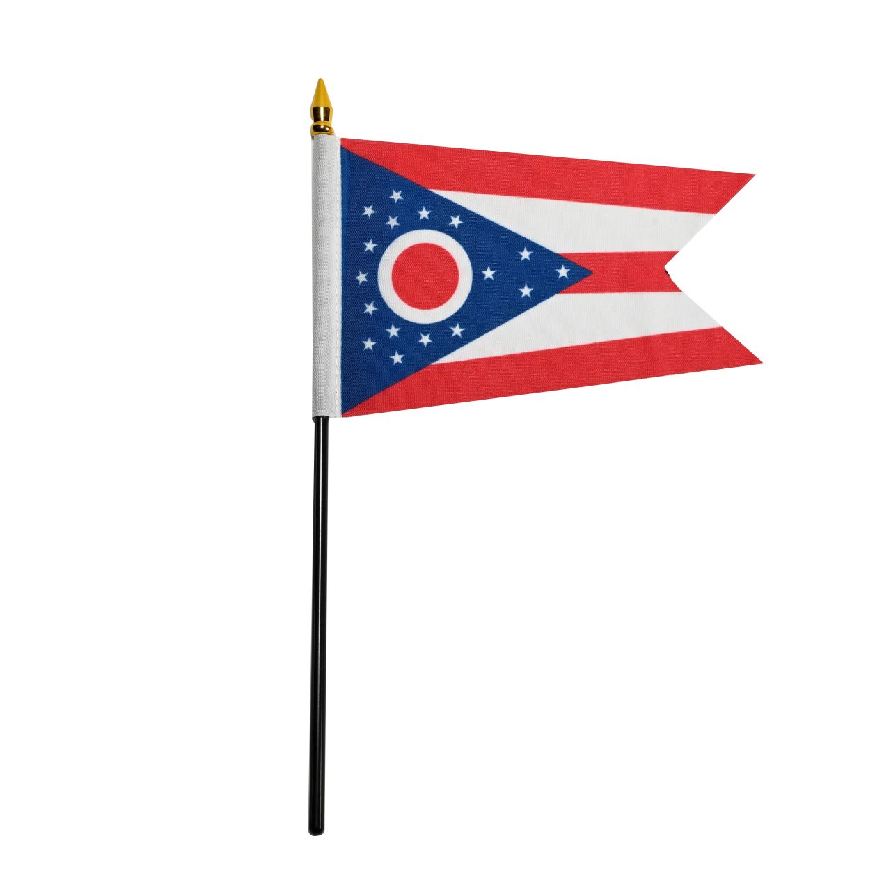 State of Ohio stick flag featuring the iconic swallowtail shape, five red and white stripes, and a blue triangle with a red and white 'O' surrounded by 17 stars.