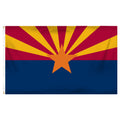 State of Arizona flag with a blue bottom half and red top flag with an orange star in the middle and 6 yellow stripes emanating from the star on the red top half.