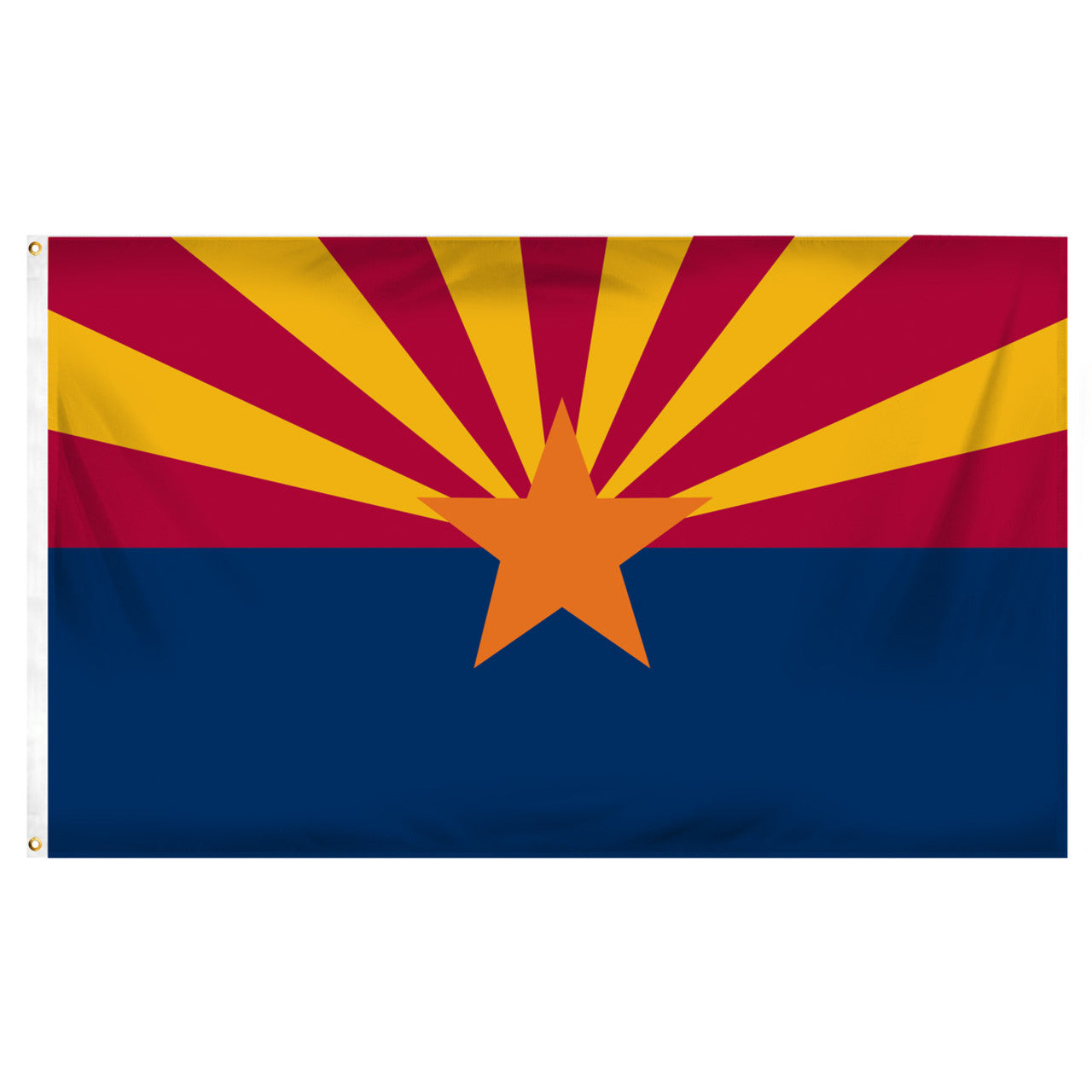 State of Arizona flag with a blue bottom half and red top flag with an orange star in the middle and 6 yellow stripes emanating from the star on the red top half.